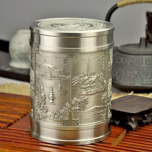 大号西湖四景锡器 马来西亚锡罐家用茶叶罐 纯锡制品茶具锡密封罐