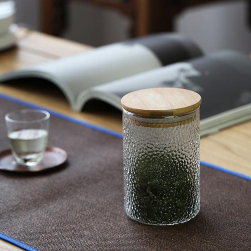 茶叶罐玻璃制品锤目纹防潮玻璃茶叶密封罐零售罐日式竹盖茶罐家用